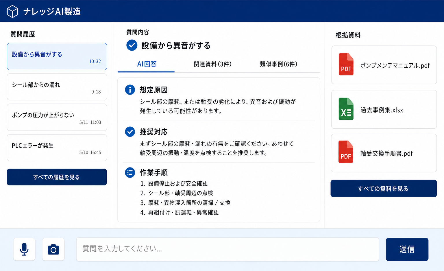 ナレッジAIの画面。質問履歴、AI回答、根拠資料が並び、想定原因と作業手順が表示されている