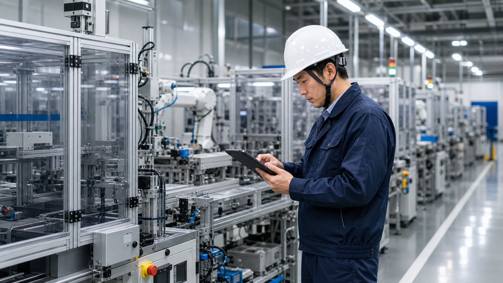 量産ラインの設備状態をタブレットで確認する技術者