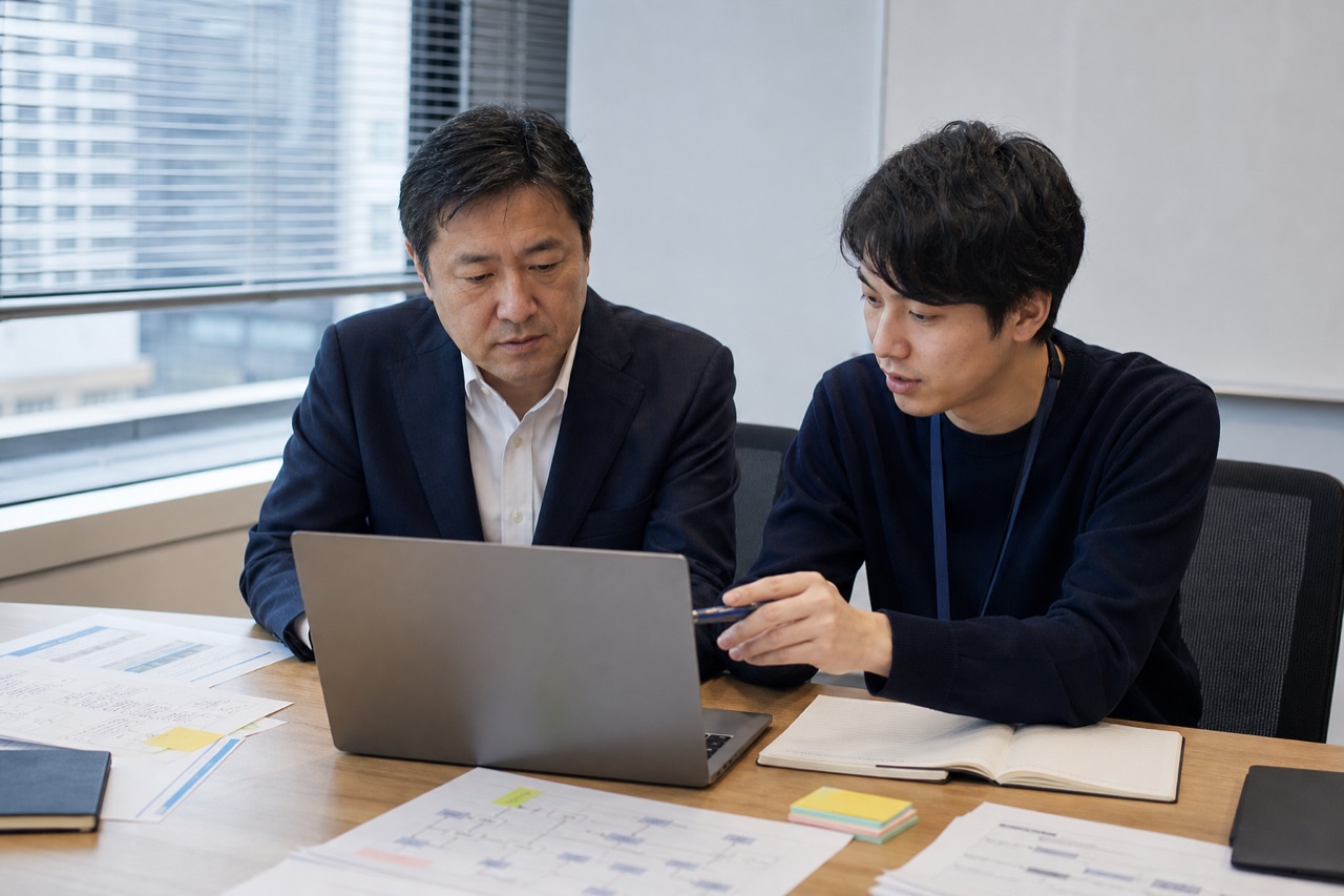 業務担当者とエンジニアがシステムについて打ち合わせる様子